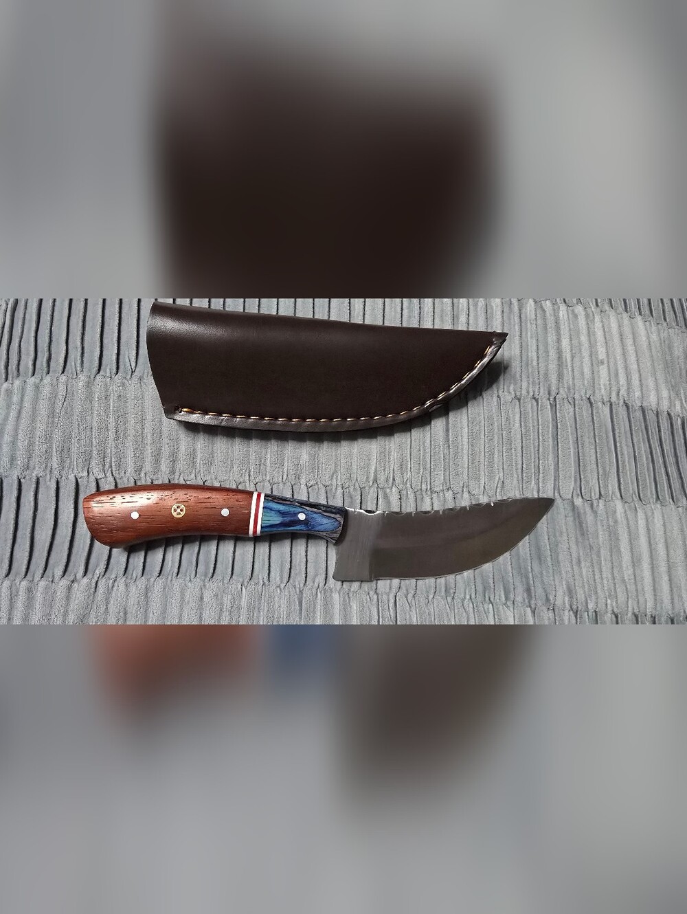 Custom Fixed Blade Knife with Blue And Brown Wood Handle Sheath